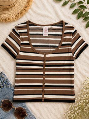 NOBO Striped Ribbed Henley Top XL (15-17) Brown Neutral Y2K Fitted Tee